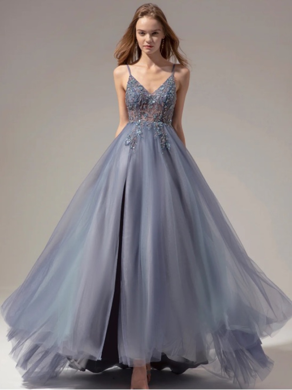 Zapaka Grey Blue A Line Spaghetti Straps Long Prom Dress With Slit